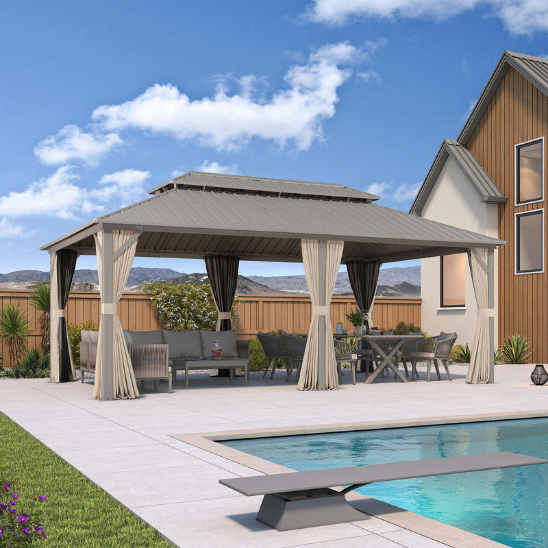 PURPLE LEAF 12' x 20' Outdoor Hardtop Gazebo, Champagne Aluminum Gazebo with Galvanized Steel Double Roof, Curtains and Netting for Patio Lawn and Garden