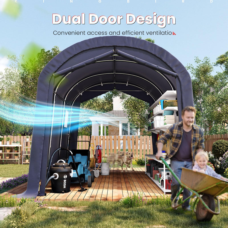 KING BIRD 10' x 15' Heavy Duty Round Style Carport with Roll-up Ventilated Windows，Anti-Snow Car Port Garage Car Tent Car Canopy Outdoor Instant Garage with Reinforced Ground Bars