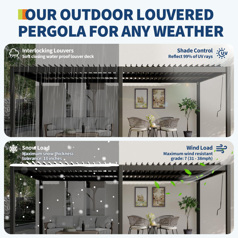 10X20 FT Pergola with Independent Adjustable Rainproof Roof, Outdoor Aluminum Louvered Pergola with Adjustable Top for Deck Garden Backyard
