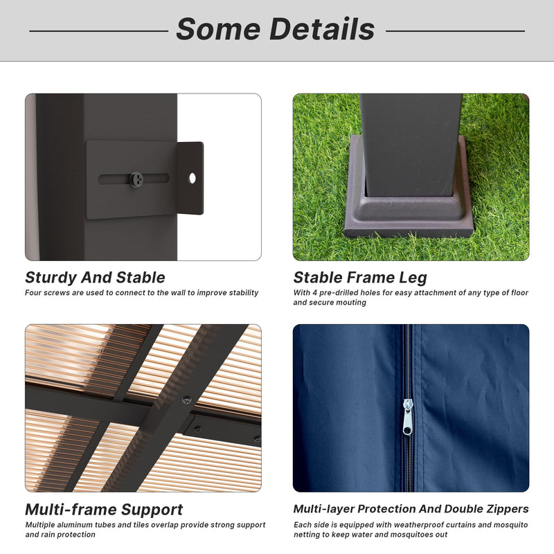 Gotland 10FTx26FT Outdoor Wall-Mounted Hardtop Pergola, Metal Frame Gazebo with Sloping Sun Panel Roof and Double Curtains for Patio, Garden, Lawn, Navy