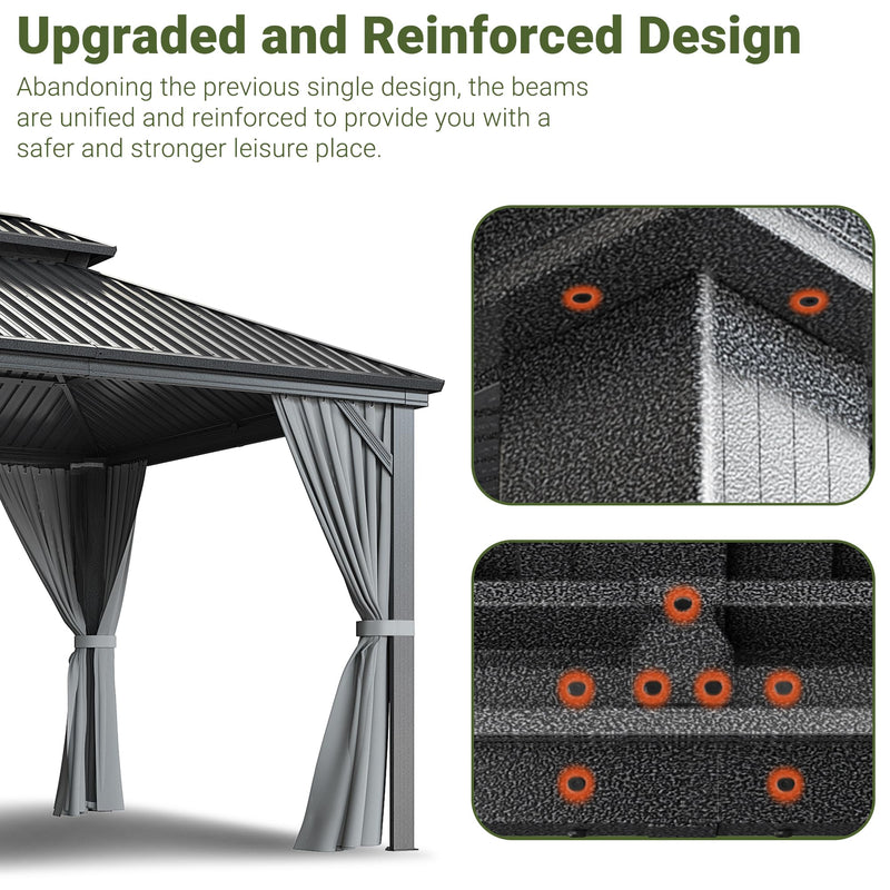 VIWAT 10x12 FT Hardtop Gazebo with Aluminum Frame, Galvanized Steel Double Roof Gazebo with Nettings and Curtains, Permanent Outdoor Metal Pavilion for Patio, Deck, Lawn and Garden, Gray