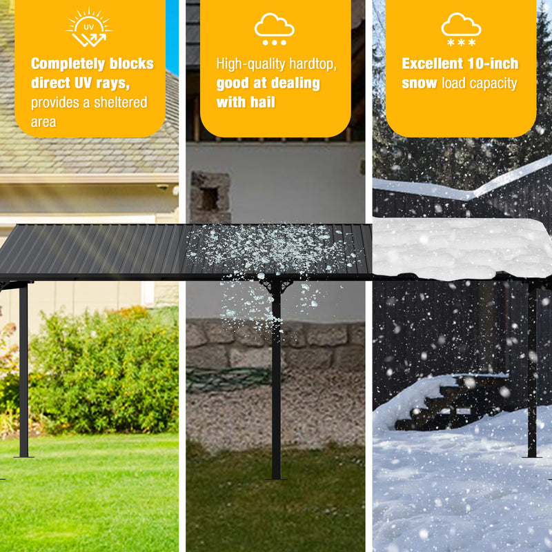 EBE 20' x 12' Hardtop Gazebo, Large Wall Mounted Gazebos Pergola on Clearance, Lean to Gazebo with Galvanized Steel Roof, Heavy Duty Metal Awning for Patio, Porch, Deck