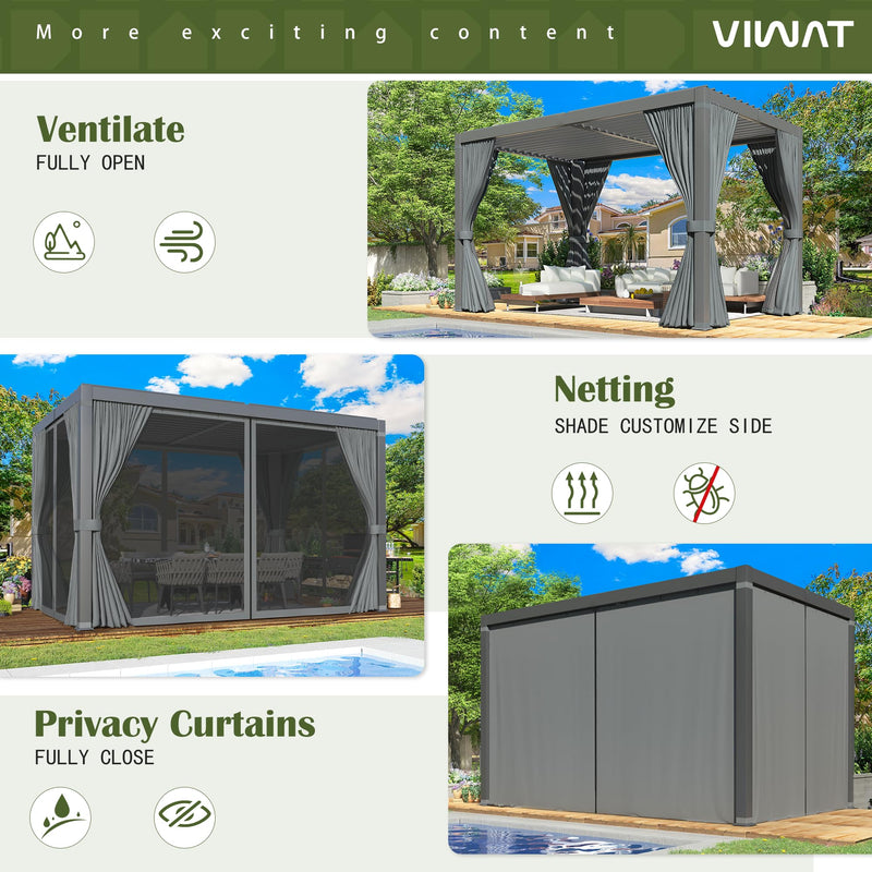 VIWAT Aluminum 10x12 FT Louvered Pergola, Outdoor Pergola with Adjustable Louvered Roof Outdoor Patio Shade Cover, Waterproof & Rustproof Aluminum Gazebo for Backyard and Garden, Gray