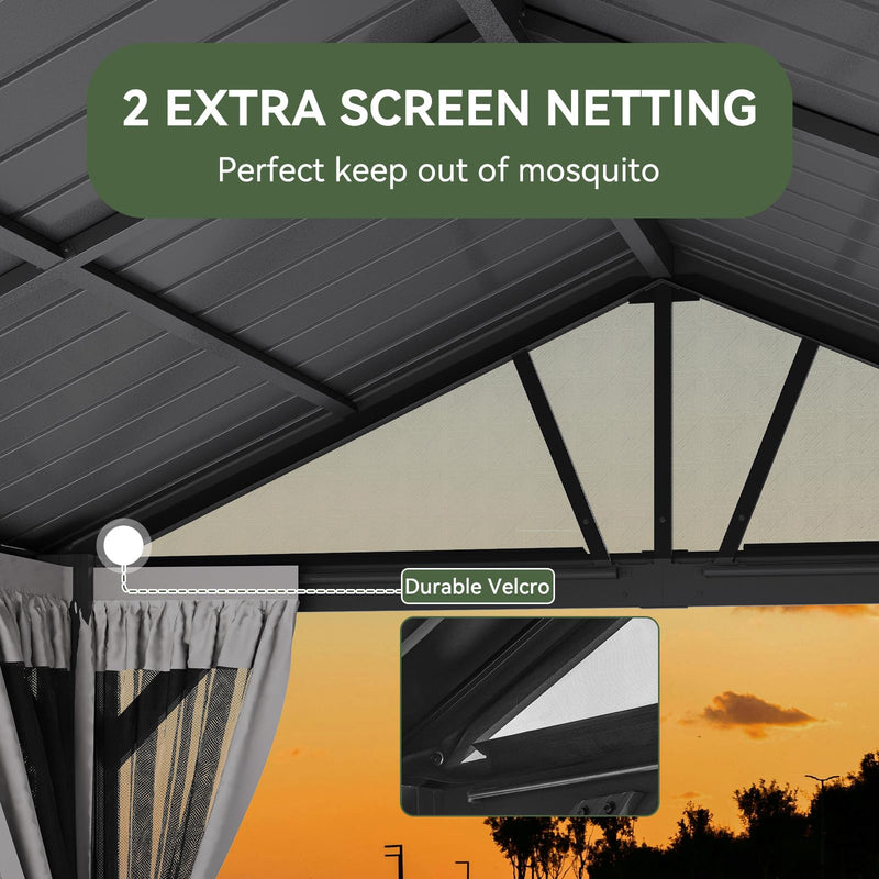 Aoxun 10' X 12' Hardtop Gazebo, Aluminum Outdoor Gazebo with Galvanized Steel Gable Roof Canopy, Patio Permanent Metal Pavilion with Netting, for Garden, Backyard, Deck