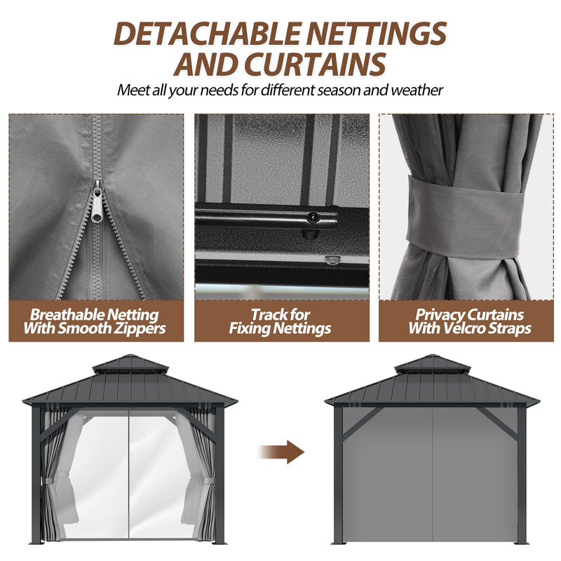 8.5' x 8.5' Hardtop Gazebo, Galvanized Steel Double Roof Gazebo with Nettings and Curtain Outdoor Aluminum Frame Vertical Stripes Roof Gazebos for Patio, Backyard, Lawn