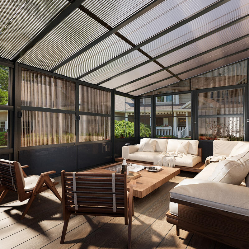 EROMMY 10' x 16' Sunroom, Wall Mounted Gazebo Solarium with Aluminum Frame, Polycarbonate Roof, Permanent Sun Room with Sliding Doors, Lockable PC Screen Walls, Lean to Gazebo for Garden, Patio, Grey