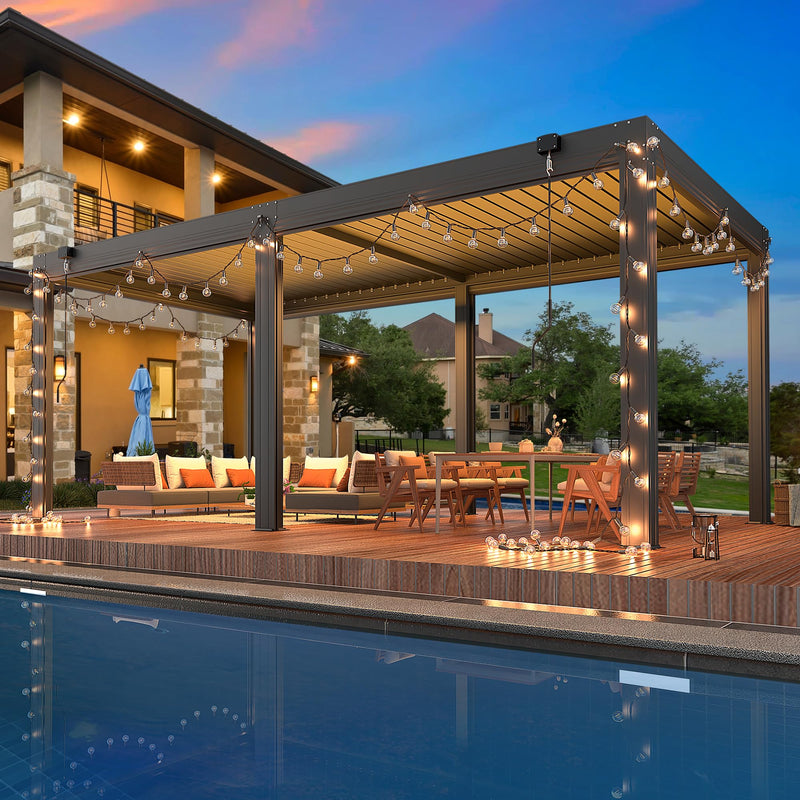 YOLENY 10x20ft Louvered Pergola, Outdoor Pergola with Adjustable Rainproof Roof, Aluminum Gazebo with 6 Panels Pull-Down Screen for Patio, Lawn, Garden, Backyard, Deck, Dark Gray