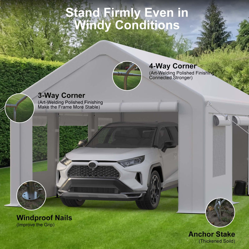 GarveeLife Heavy Duty Carport, Portable Garage with 4 Doors & 4 Window, Upgraded Carport with Reinforced Steel Poles, Uv Resistant All-Season Waterproof Tarp, for Car, Truck, Boat