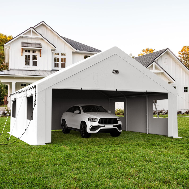 Benass Carports 20x20 Heavy Duty, Portable Garage 20x20 with 2 Roll Up Zipper Doors and Mesh Windows, Driveway Car Port Canopy, White