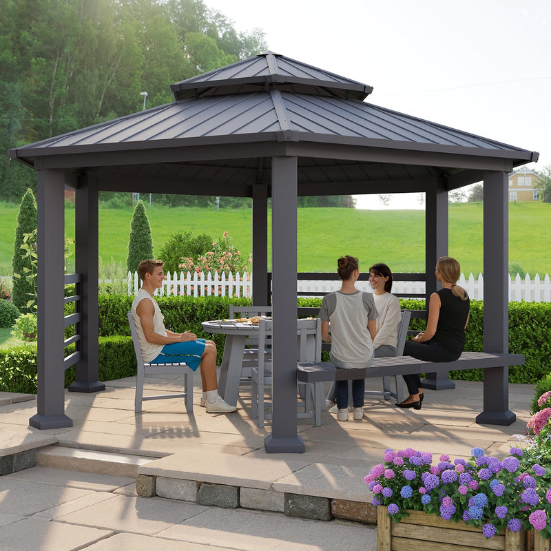 AMERLIFE 13X15FT Hardtop Gazebo, Hexagon Metal Patio Gazebo, Double Tiered Patio Pavilion with Aluminum Foot, Dual Rails, Ceiling Hook and Bench for Patio, Garden, Backyard Shade