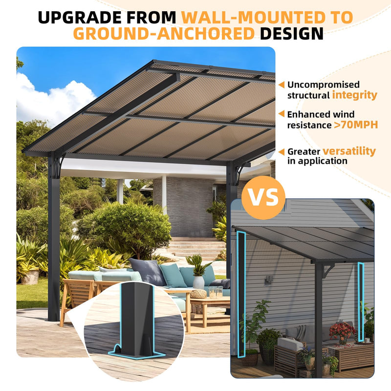 AECOJOY 14' x 10' Gazebo for Patio, Hard Top Lean to Gazebo Pergola Carport, Freestanding Shelter Pergolas and Gazebos Clearance with Patio Roof, Wall-Mounted Heavy Duty Awnings for Patio, Decks
