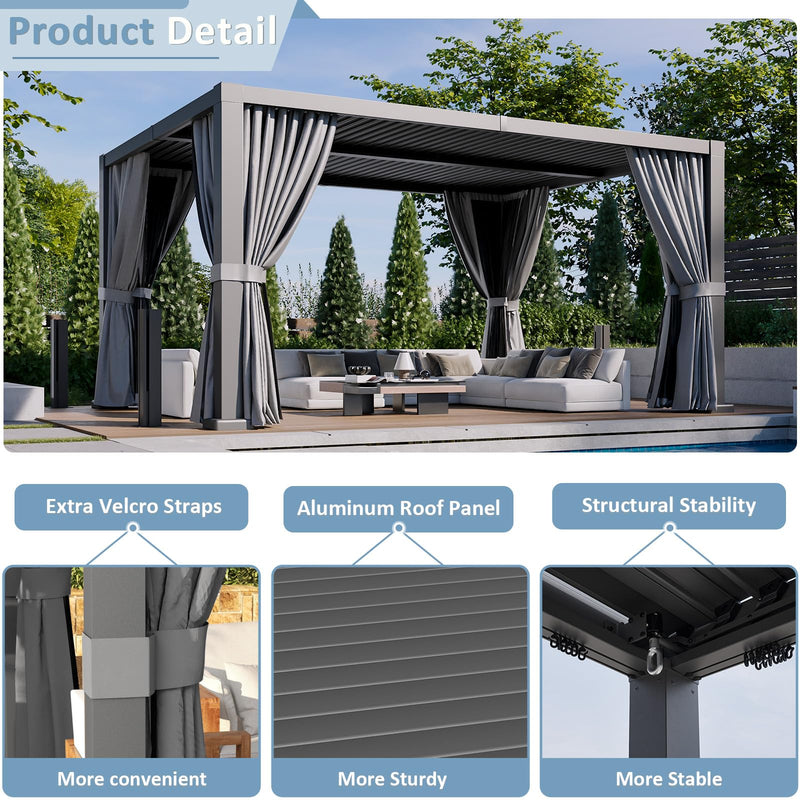 Aoxun Louvered Pergola 12' x 16' Outdoor Aluminum Pergola Adjustable Roof, with Waterproof Curtains and Nets, for Decks, Gardens, Gray