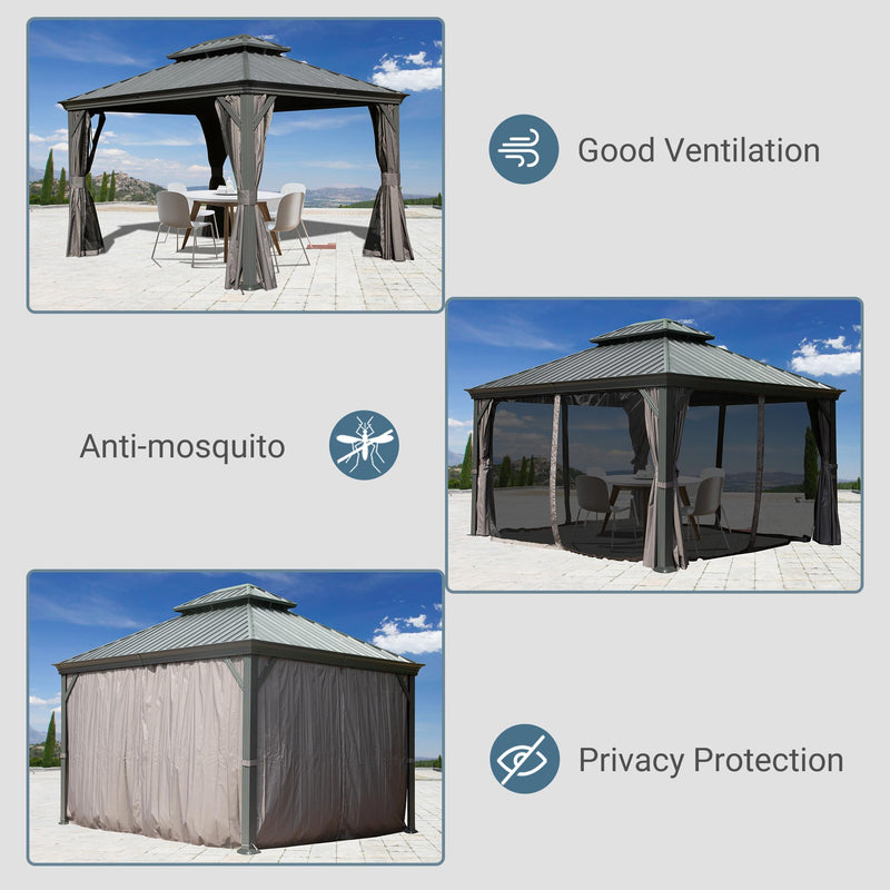 Domi 12' X 14' Hardtop Gazebo, Upgraded Metal Gazebo with Drainage System, Dual-Layer Galvanized Steel Roof, Curtain and Netting, Outdoor Shelter Canopy for Patio, Garden, and Backyard, Grey