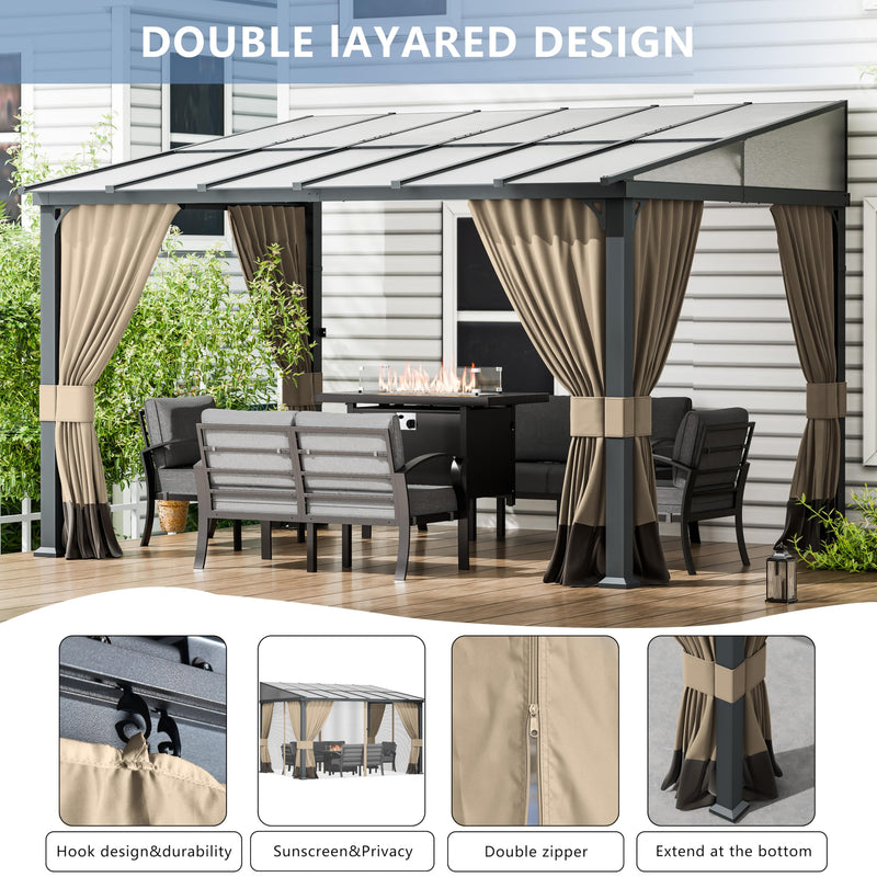 ASJMR 10x12FT Gazebo, Hardtop Wall Mounted Gazebo with Sloping Sun Panel Roof, Awnings for Patio with Metal Frame, Double Curtains for Garden, Lawn, Backyard Deck, Sand
