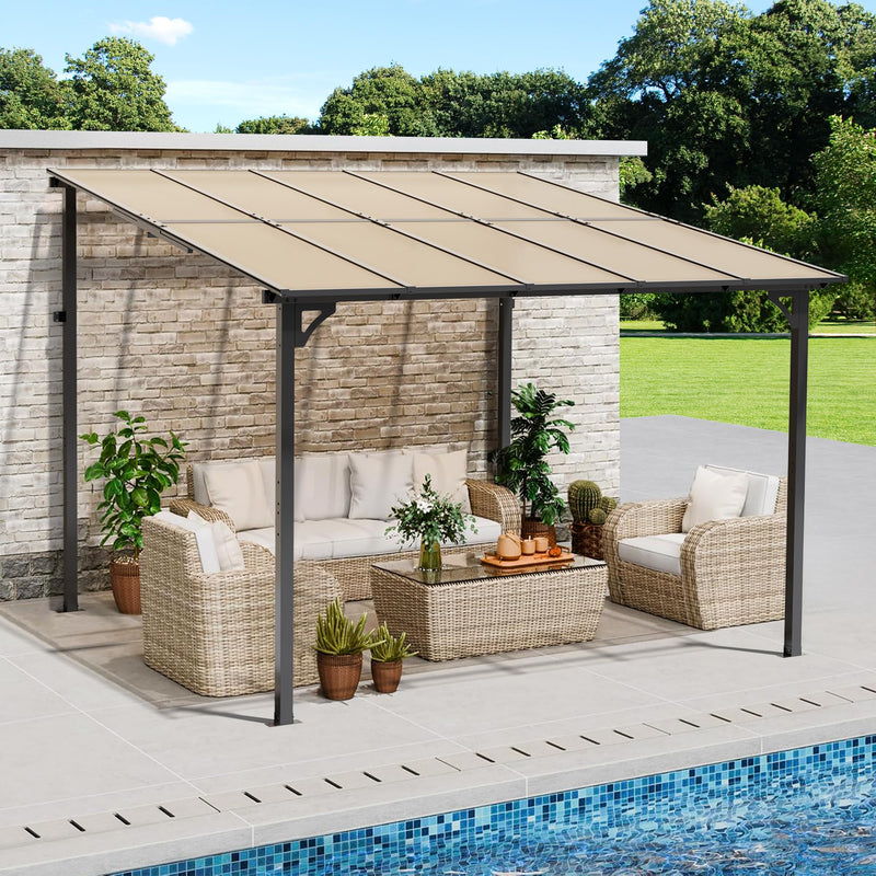Crownland 10'x10' Outdoor Gazebo Hardtop, Wall-Mounted Lean-to Gazebo with Dewatering Hole, Large Outdoor Pergola Awning, Waterproof for Deck, Backyard, Garden, Porch