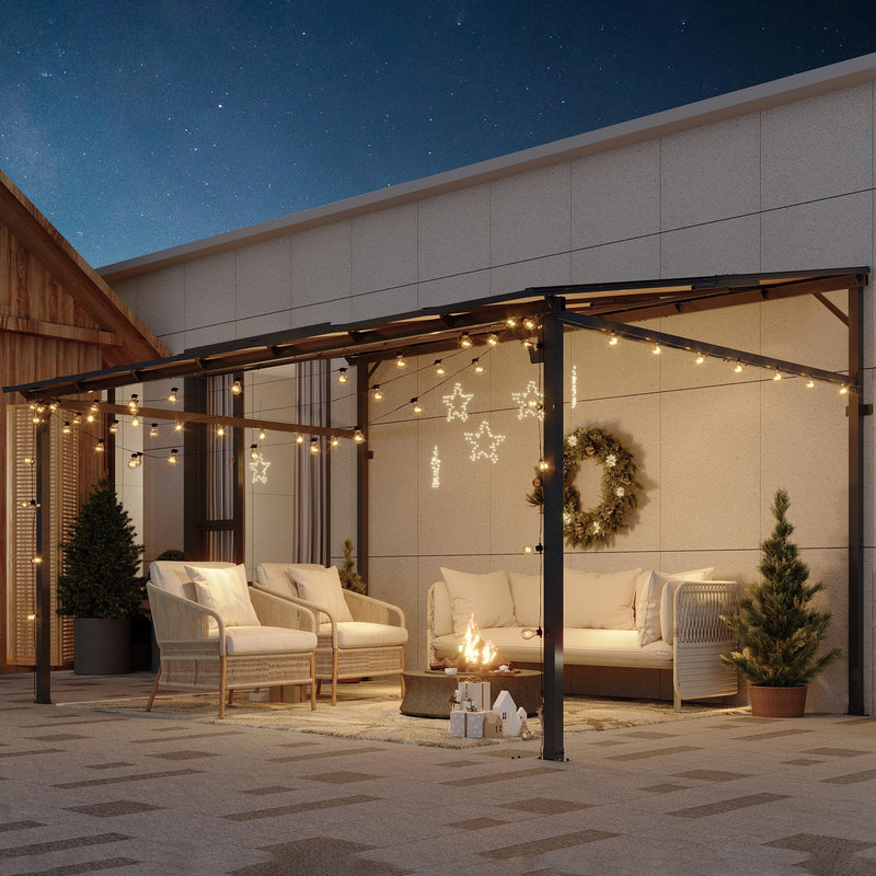 12’ x 14’ Gazebo, Outdoor Pergolas and Gazebos on Clearance, Hard Top Lean to Gazebo with Metal Frame, Pergola Wall Mounted Pergola with Sloped Roof for Patio, Decks, Backyard