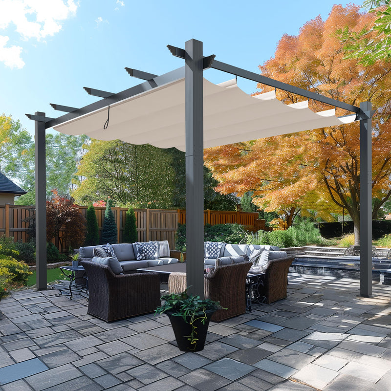 VEIKOU 10x13ft Pergola, Metal Pergola w/Thicker Post & Upgraded Retractable Pergola Canopy, Heavy-Duty Aluminum Pergolas and Gazebos Outdoor Shelter for Porch Yard, Beige