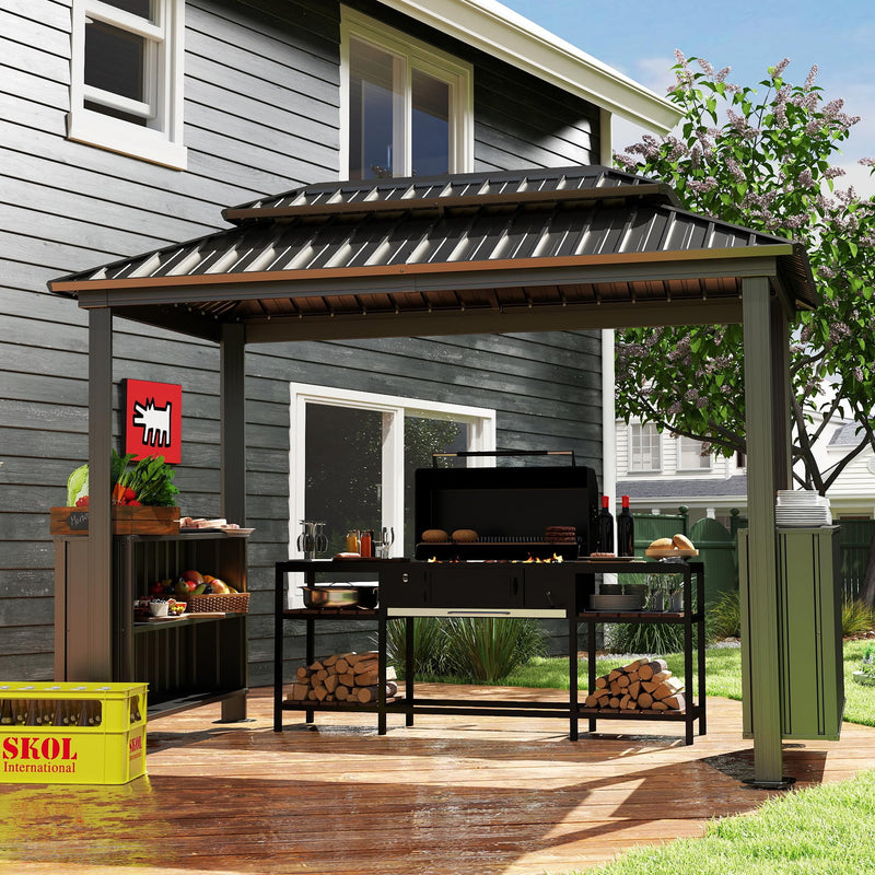Domi 6x10FT Hardtop Grill Gazebo, Outdoor BBQ Gazebo with Double Galvanized Steel Roof, Patio Grill Canopy with 2 Cabinets and Ceiling Hooks for Backyard, Lawn, Garden, Brown