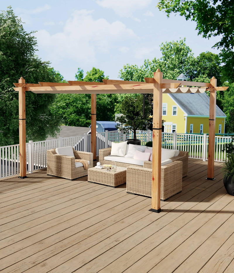 GarveeLife 10 x 13 Ft Wood-Grain Aluminum Pergola Outdoor Pergola with Retractable Canopy Sun Shade Shelter for Garden, Patio, Backyard, Deck - Khaki