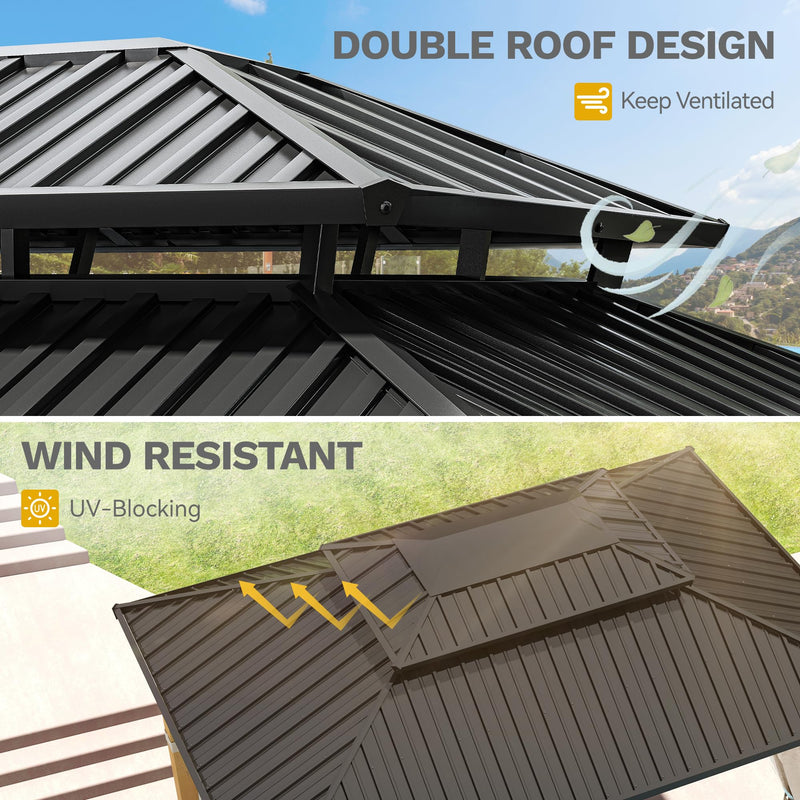 DWVO 13X15FT Gazebo Wood Outdoor Wooden Frame Double Roof Hardtop Galvanized Steel Top Canopy w/Curtain and Netting, Patio Heavy Duty for Deck, Backyard, Beige Yellow