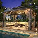 VIWAT 10x14 FT Hardtop Gazebo with Aluminum Frame, Galvanized Steel Double Roof Gazebo with Nettings and Curtains, Permanent Outdoor Metal Pavilion for Patio, Deck, Lawn and Garden, Gray