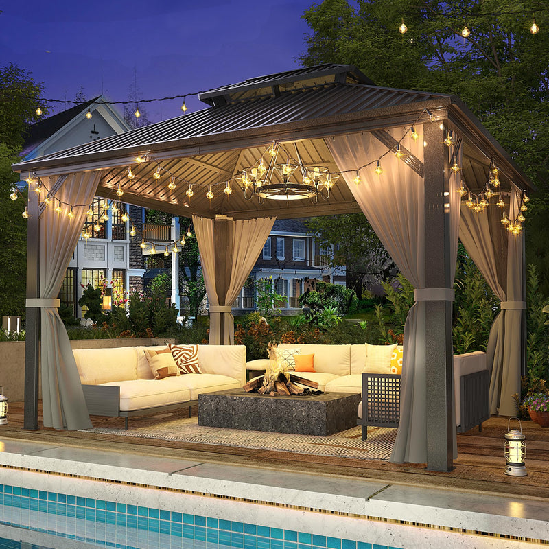 VIWAT 10x12 FT Hardtop Gazebo with Aluminum Frame, Galvanized Steel Double Roof Gazebo with Nettings and Curtains, Permanent Outdoor Metal Pavilion for Patio, Deck, Lawn and Garden, Gray