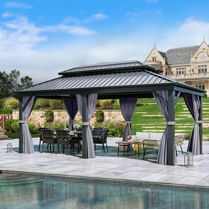 YITAHOME 12x20ft Hardtop Gazebo, Heavy Duty Double Roof Galvanized Steel Outdoor with Nettings and Curtains Combined of Vertical Stripes Roof for Patio, Backyard, Deck, Lawns, Gray