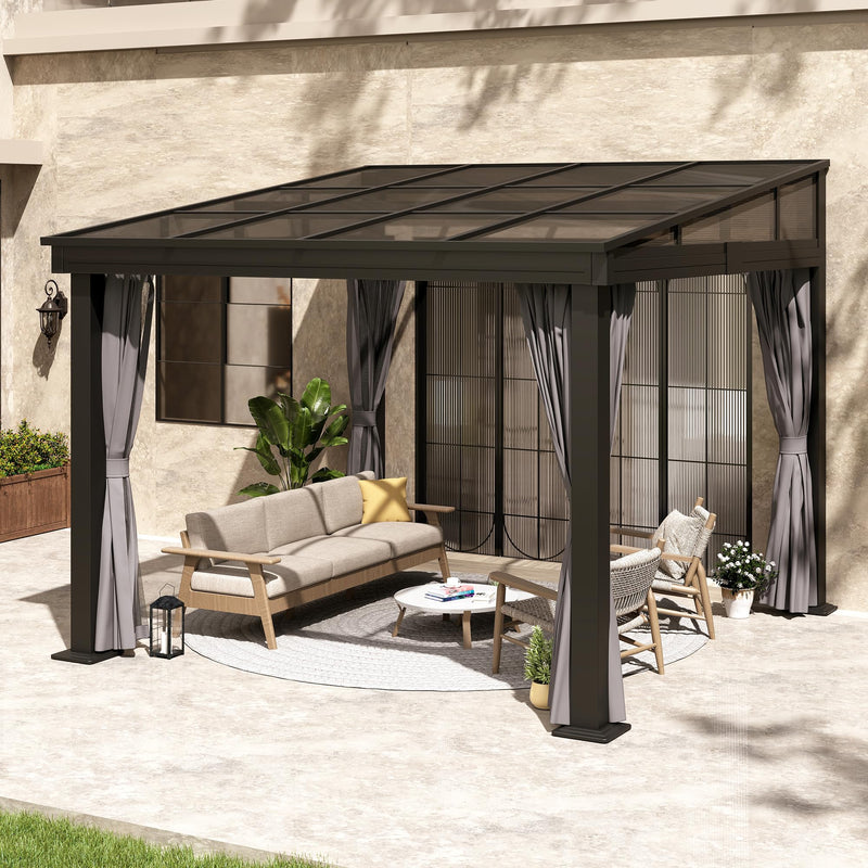 Raysfung 10' x 10' Wall Mounted Gazebo, Lean to Gazebo with Aluminum Frame, Polycarbonate Hardtop Gazebos Pergola with Sloping Roof for Outdoor, Backyard, Patio