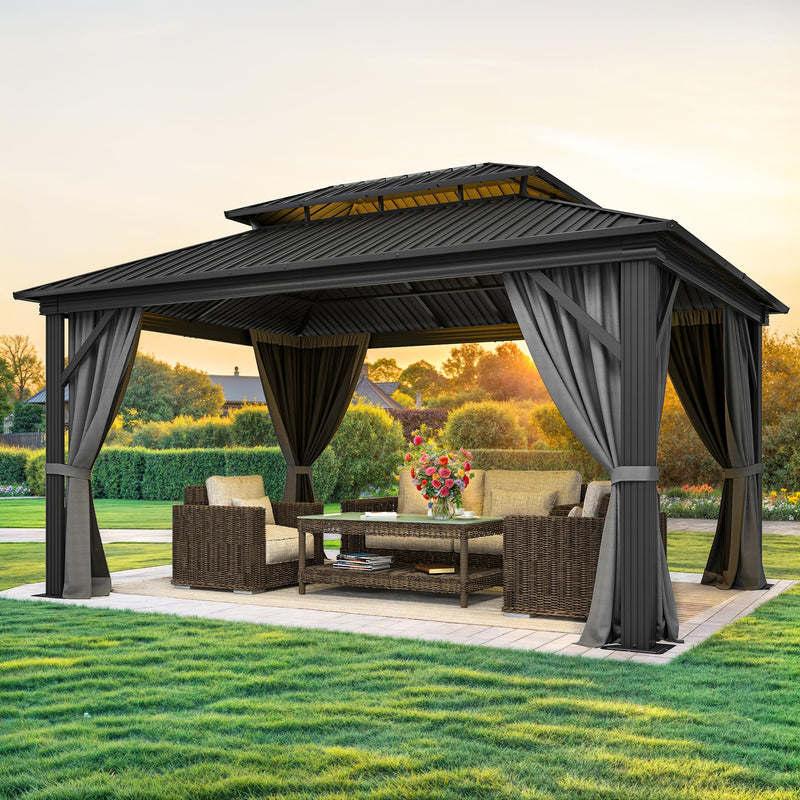 DWVO 12x16ft Gazebo Double Roof Hardtop with Nettings and Curtains, Heavy Duty Galvanized Steel Outdoor Vertical Stripes Roof for Patio, Backyard, Deck, Lawns, Grey