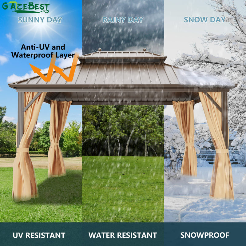 GAZEBEST 10x10 ft Hardtop Gazebo Outdoor Aluminum Patio Gazebo Double Roof Galvanized Steel Canopy with Netting and Curtains for Garden, Backyard,Deck and Lawns