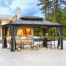 YITAHOME 12x16FT Gazebo Hard-Top Double Roof Canopy Outdoor with Netting and Shaded Curtains, Aluminum Frame Polycarbonate Hardtop Garden Tent for Patio, Backyard, Deck and Lawns, Grey