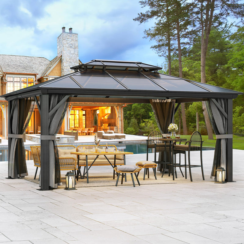 YITAHOME 12x16FT Gazebo Hard-Top Double Roof Canopy Outdoor with Netting and Shaded Curtains, Aluminum Frame Polycarbonate Hardtop Garden Tent for Patio, Backyard, Deck and Lawns, Grey