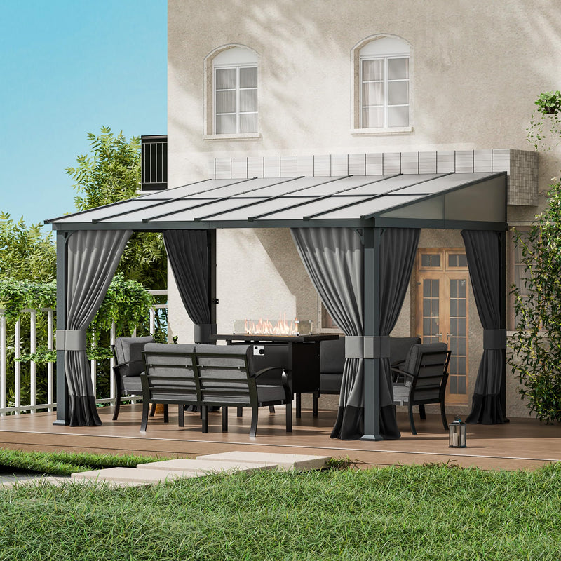 ASJMR 10x12FT Gazebo, Hardtop Wall Mounted Gazebo with Sloping Sun Panel Roof, Awnings for Patio with Metal Frame, Double Curtains for Garden, Lawn, Backyard Deck, Sand