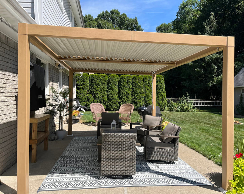 PURPLE LEAF 10' x 14' Louvered Pergola Outdoor Wood Grain Aluminum Pergola with Adjustable Roof Retractable Patio Rainproof Hardtop Gazebo for Deck Backyard Garden