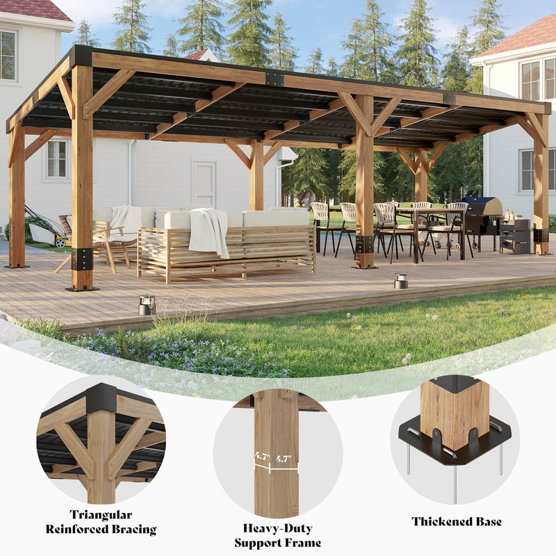 AMERLIFE 10 x 20FT Wood Gazebo with Metal Hardtop, Large Outdoor Grill Canopy with Sloped Roof, Heavy Duty Pergola for Garden, Patio, Backyard, Solid Spruce