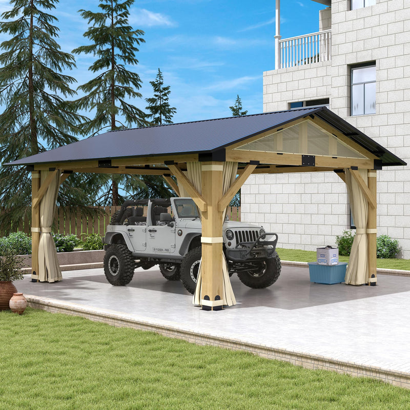 COVERONICS 13’x15’ Outdoor Wood Gazebo - Hardtop Patio Gazebo with Galvanized Steel Roof, Cedar Wooden Gazebo with Privacy Curtains and Netting for Garden, Porch, Patio and Deck