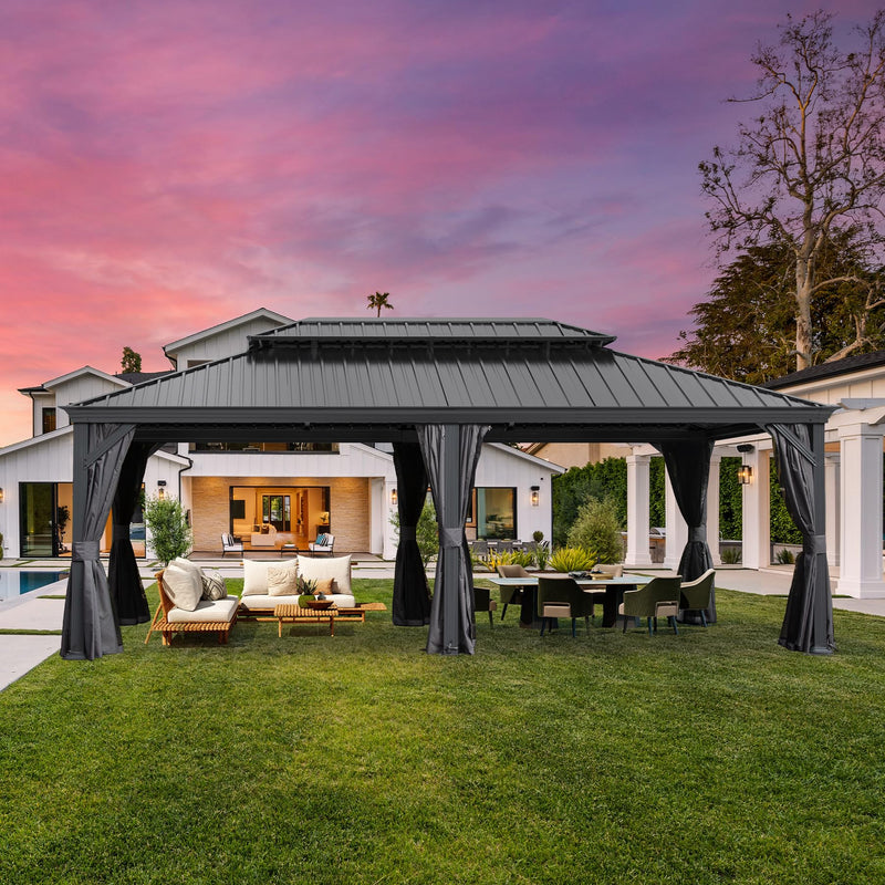 Domi 14x20FT Outdoor Gazebo, Hardtop Gazebo with Galvanized Steel Double Roof, Metal Gazebos with Drainage System Patio Pergola for Patio Deck Backyard,Curtain and Netting,Gray