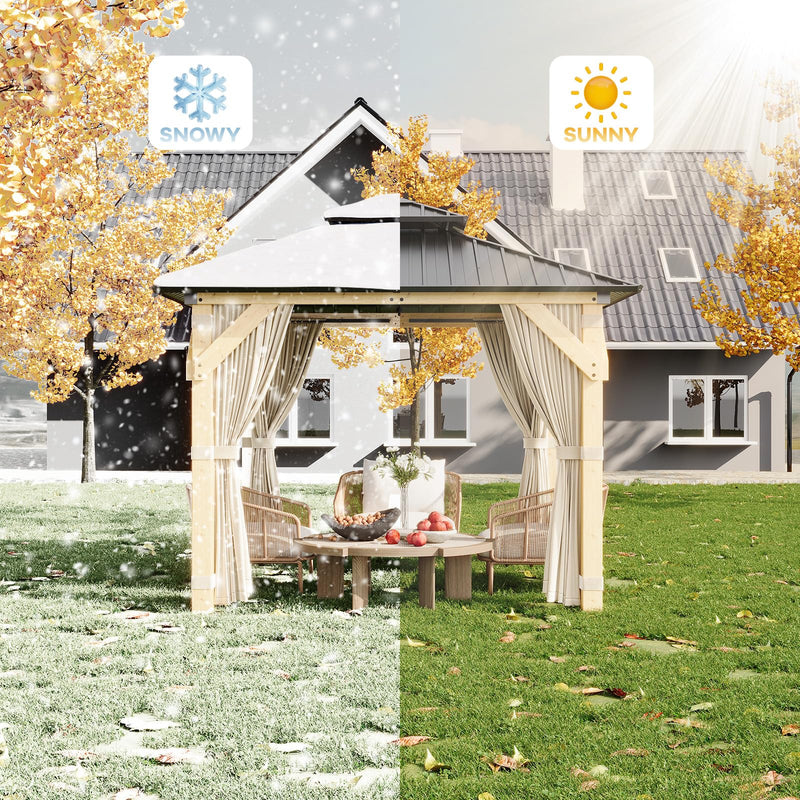 HarmonyHealth 10 x 10 Ft Wood Gazebo, Upgrade Wooden Frame, Double Galvanized Steel Roof, Hardtop Gazebo With Nettings And Curtains For Backyard, Patio, Garden And Lawn,Khaki