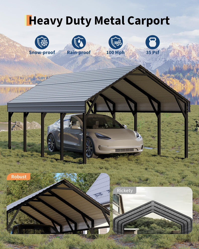 12 x 20 FT Metal Carport, Heavy Duty Carports Reinforced Frame and Steel Roof, All-Weather Shelter Canopy for Pickups, Boats, Cars, and Tractors