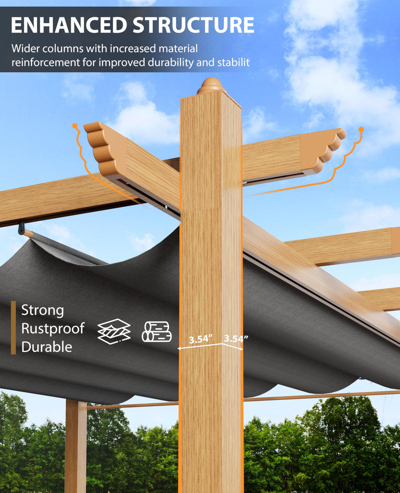 Agrestem 10x13 Ft Retractable Outdoor Pergola with Canopy, Upgraded Wood-Grain Aluminum Pergola, Modern Pavilion for Backyard, Patio, Porch, Grape Trellis, Gray