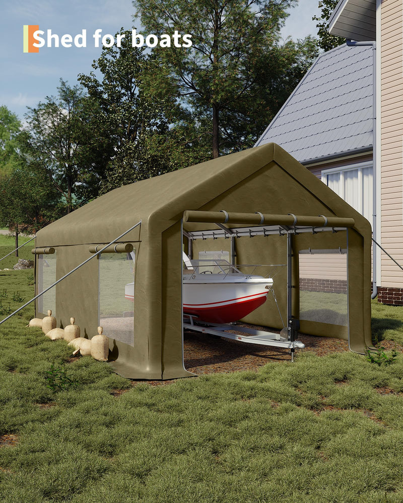 GarveeLife 10x20 Ft Carport, Car Port with 200g PE Tarp, Roll-Up Doors, and 4 Windows, for Sedans, Bass Boats, Motos, ATVs, and SUVs, Khaki