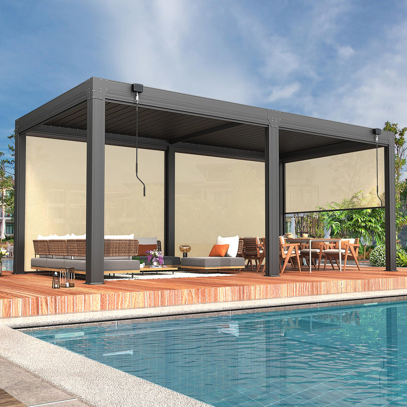 YOLENY 10x20ft Louvered Pergola, Outdoor Pergola with Adjustable Rainproof Roof, Aluminum Gazebo with 6 Panels Pull-Down Screen for Patio, Lawn, Garden, Backyard, Deck, Dark Gray