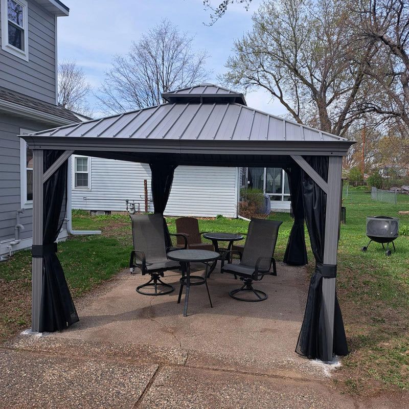 PURPLE LEAF 11' x 15' Permanent Hardtop Gazebo with Galvanized Steel Double Roof and Aluminum Frames Outdoor Large Pavilion Gazebo for Patio Deck Garden, Netting and Curtains Included, Light Grey