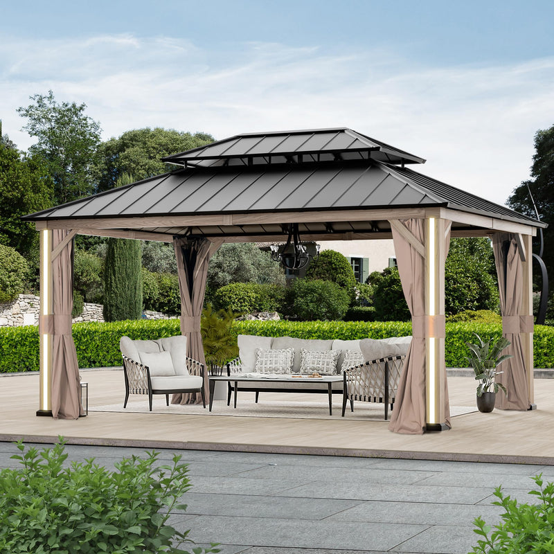 Modern Shade Hardtop Gazebo 12' x 16' with 4 LED Lights, Outdoor Gazebo with Double Roof, Aluminum Frame, Patio Pavilion with USB Charging Port Deck, Mosquito Netting and Curtains, Wood Looking