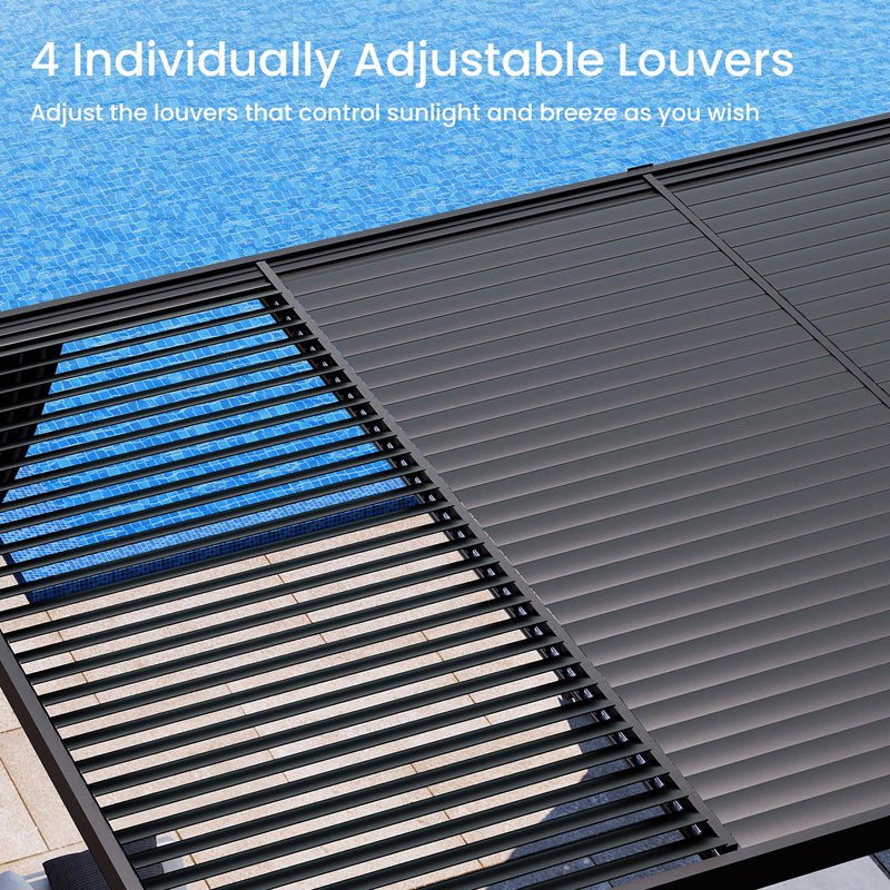 SUNBURY 10'X 20' Louvered Pergola, Aluminum Outdoor Pergola with 4 Adjustable Roof, All-Weather Use, Netting & Privacy Curtains, Waterproof Patio Shade Cover for Patio, Backyard, Lawn, Garden, Black