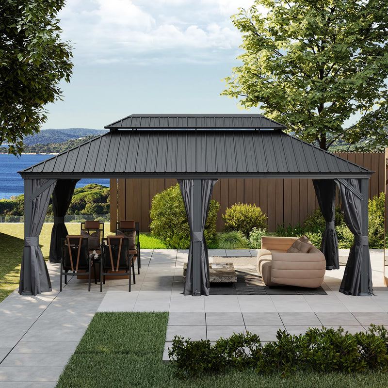 Domi 14x20FT Outdoor Gazebo, Hardtop Gazebo with Galvanized Steel Double Roof, Metal Gazebos with Drainage System Patio Pergola for Patio Deck Backyard,Curtain and Netting,Gray