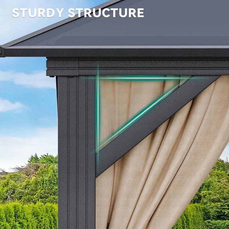 YITAHOME 10x10 Gazebo Polycarbonate Hardtop Outdoor Single Top Canopy with Netting and Shaded Curtains, Aluminum Frame Garden Tent for Patio, Backyard, Deck and Lawns, Brown