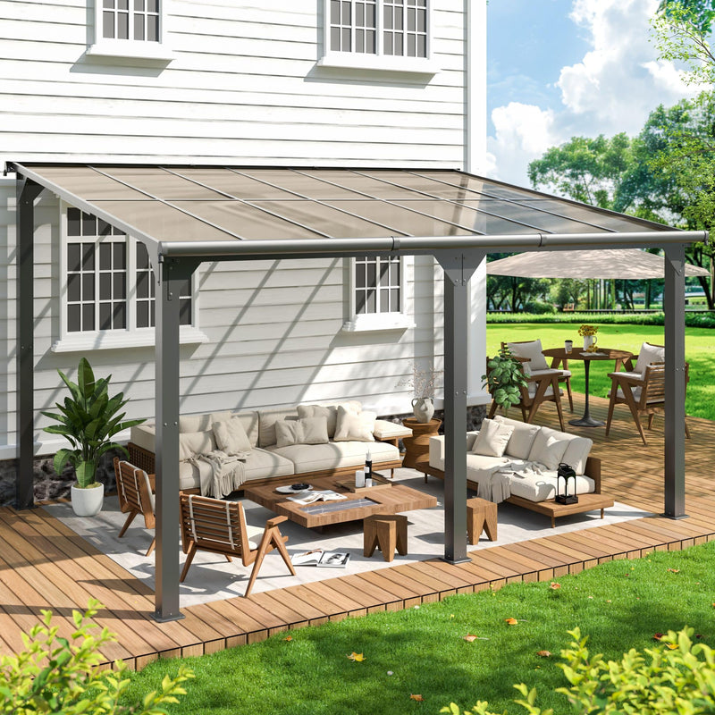 DAUSOLA 10x14 FT Gazebo Pergola for Patio, Gazebos Pergola on Clearance with Sloped Roof, Hard Top Lean to Gazebo, Large Wall-Mounted Heavy Duty Awnings for Patio, Backyard, Deck