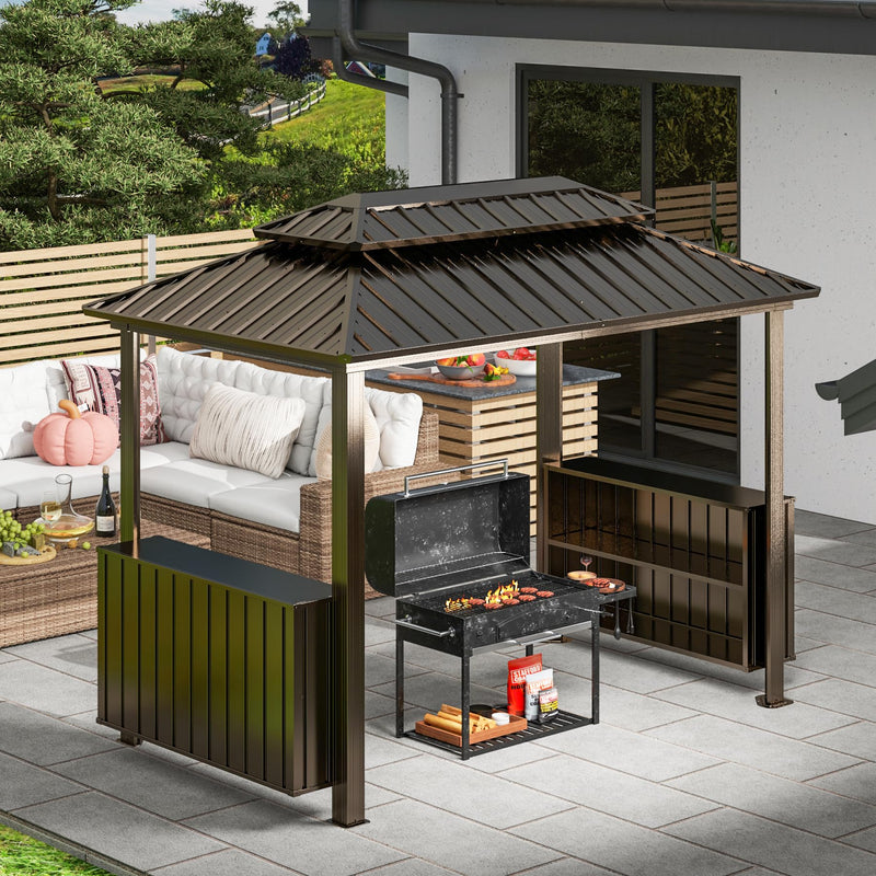 Domi 6x10FT Hardtop Grill Gazebo, BBQ Gazebo with Double Galvanized Steel Roof, 2 Storage Cabinets and Ceiling Hooks, Outdoor Grill Shelter for Backyard, Lawn and Garden(Brown)