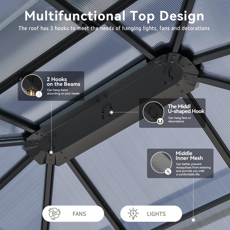 Aoxun 12'x14' Hardtop Gazebo, Aluminum Frame Permanent Pavilion with Curtains and Netting, Outdoor Polycarbonate Double Roof Canopy, Designed for Garden, Lawns, Patio, Gray